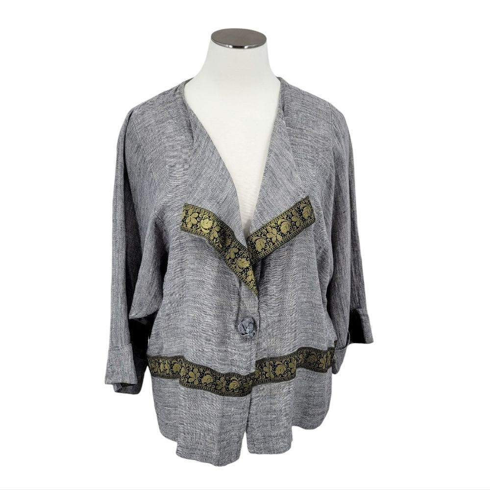 Crunch Linen Vintage Gray Art To Wear Jacket With Tapestry Contrast Lagenlook